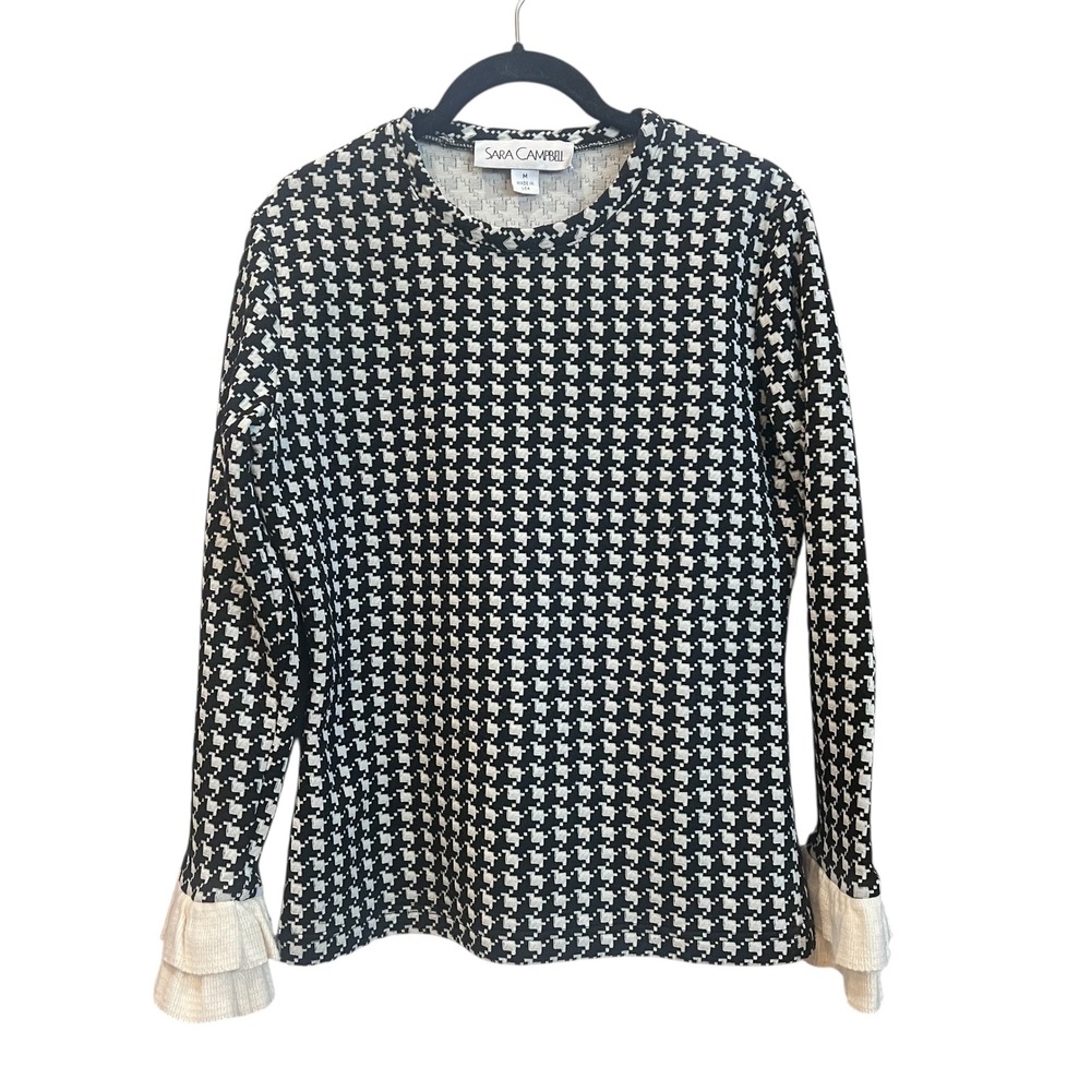 Sara‎ Campbell Black White Houndstooth Top Ruffled Cuffs Size Medium